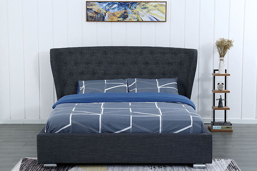 1292G 유럽식 윙백 그레이 린넨 단추 달린 나무 다리 덮개를 씌운 침대